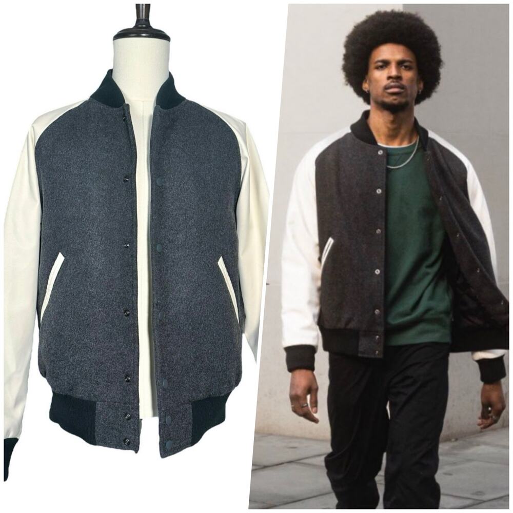 Uniqlo | Men | Dark Gray Faux Leather Quilted Varsity Stadium Jacket | Medium